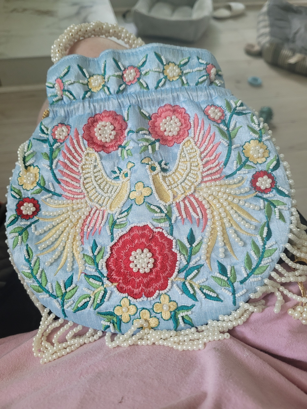 Beaded Embroidered Blue Floral & Bird Evening Bag With Lots Of Pearl Beading